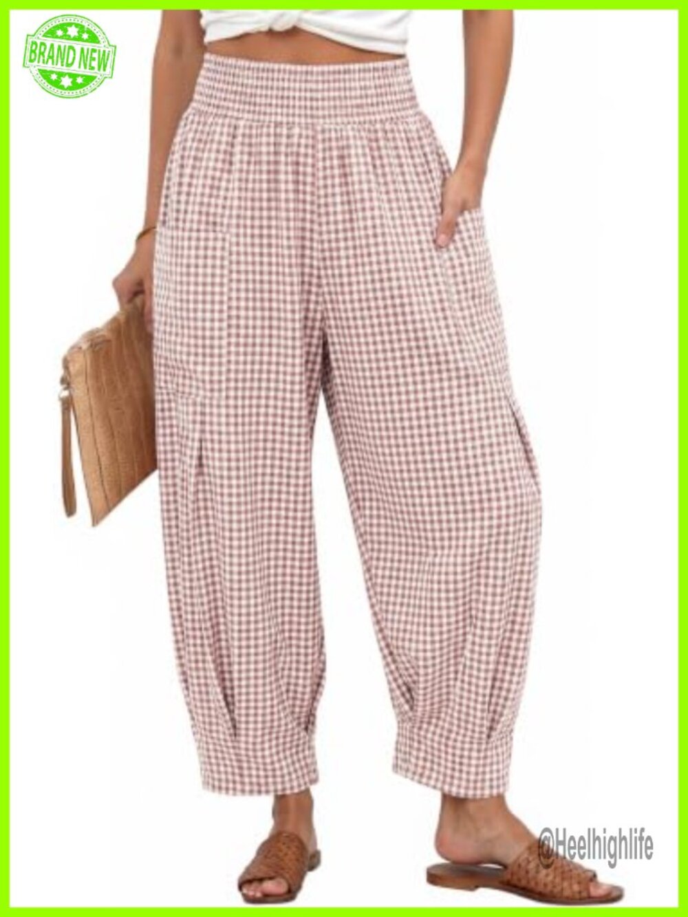 Women's Linen Blend Gingham High Waist Baggy Palazzo Pants with Pockets